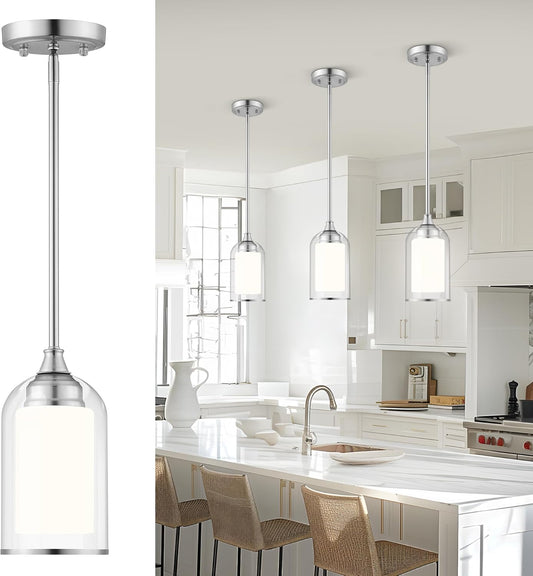 LIROUVET Modern Pendant Lights - Dual Glass Pendant Lights Kitchen Island, Brushed Nickel Hanging Lamp with Clear and Milk Glass, 1=Light Pendant Lighting for Kitchen, Dining Room, PL02BN