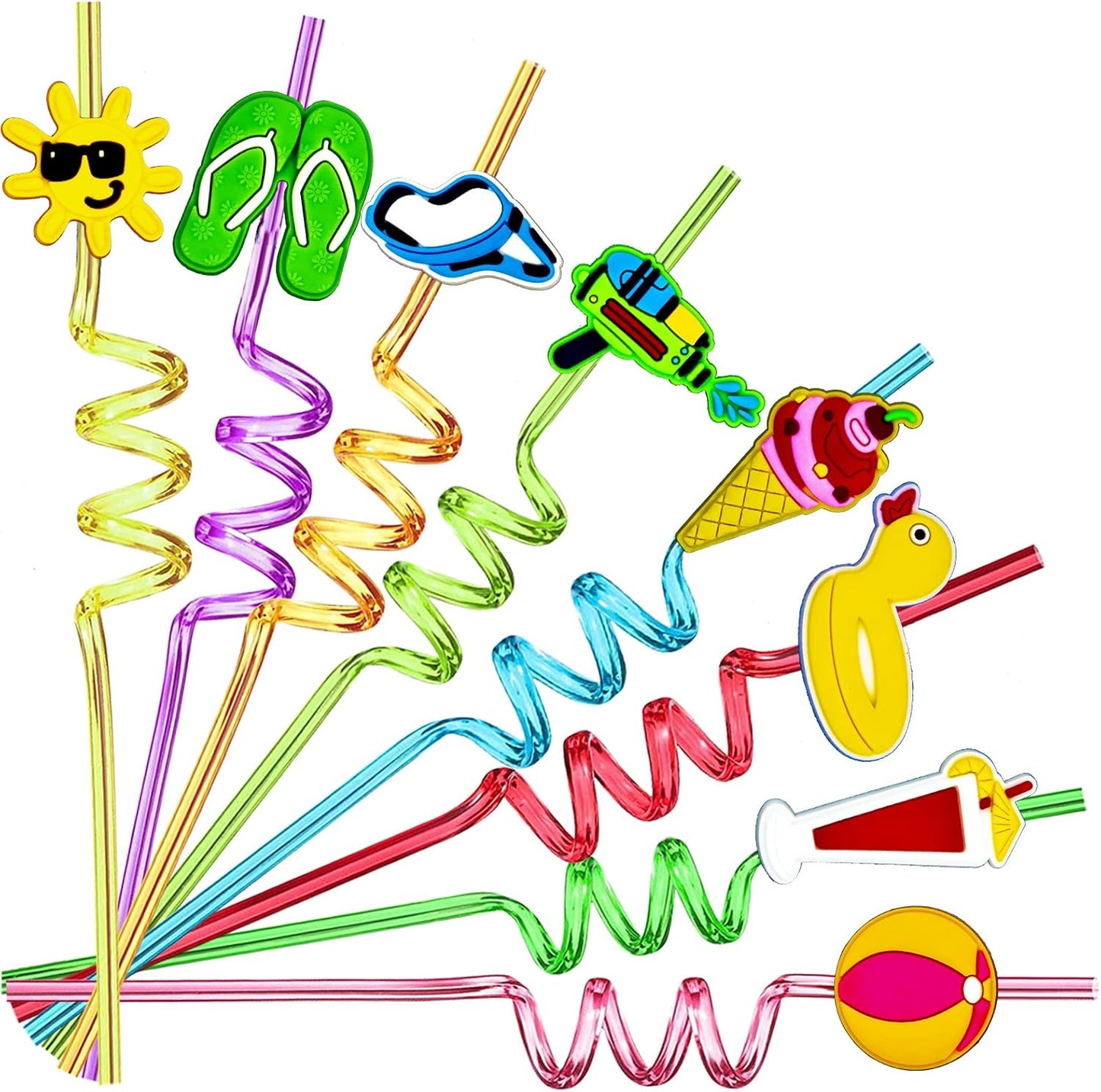 24 Pieces Beach Theme Reusable Shape Straws, Drink Straws Beach Ball Pool Summer Birthday Party Favor Decorations with 2 Cleaning Brushes 8 Color Straws