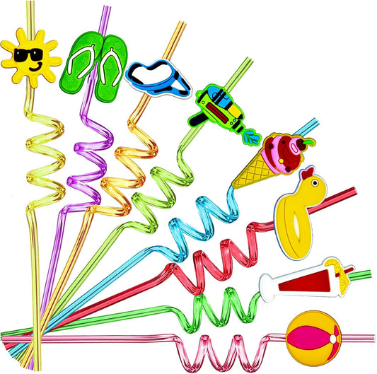 24 Pieces Beach Theme Reusable Shape Straws, Drink Straws Beach Ball Pool Summer Birthday Party Favor Decorations with 2 Cleaning Brushes 8 Color Straws