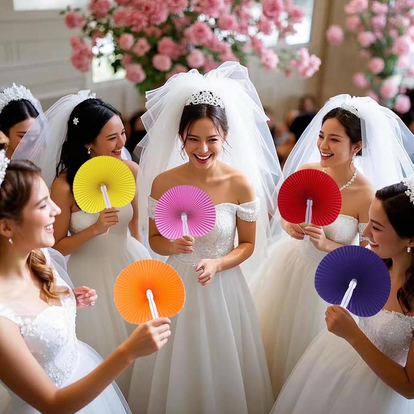 12 Packs Decorative Paper Folding Hand Fans Handheld,Navy Round Foldable Wedding Fans Chinese and Japanese Fans Bulk for Bridal Guest Church Party Favors Dancing Birthday DIY