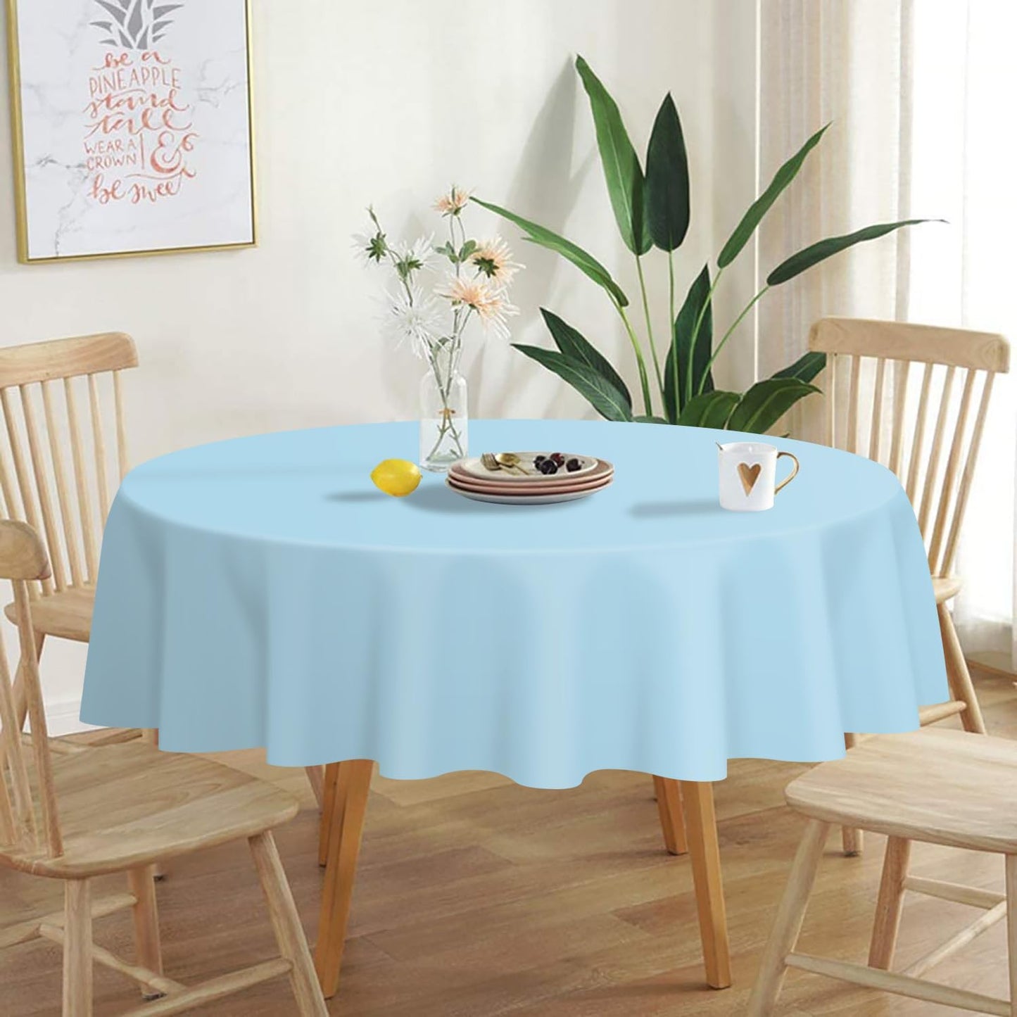 QIKSION Light Blue Round Tablecloth 12 Pack, 84 Inch Plastic Table Cover Disposable for Parties