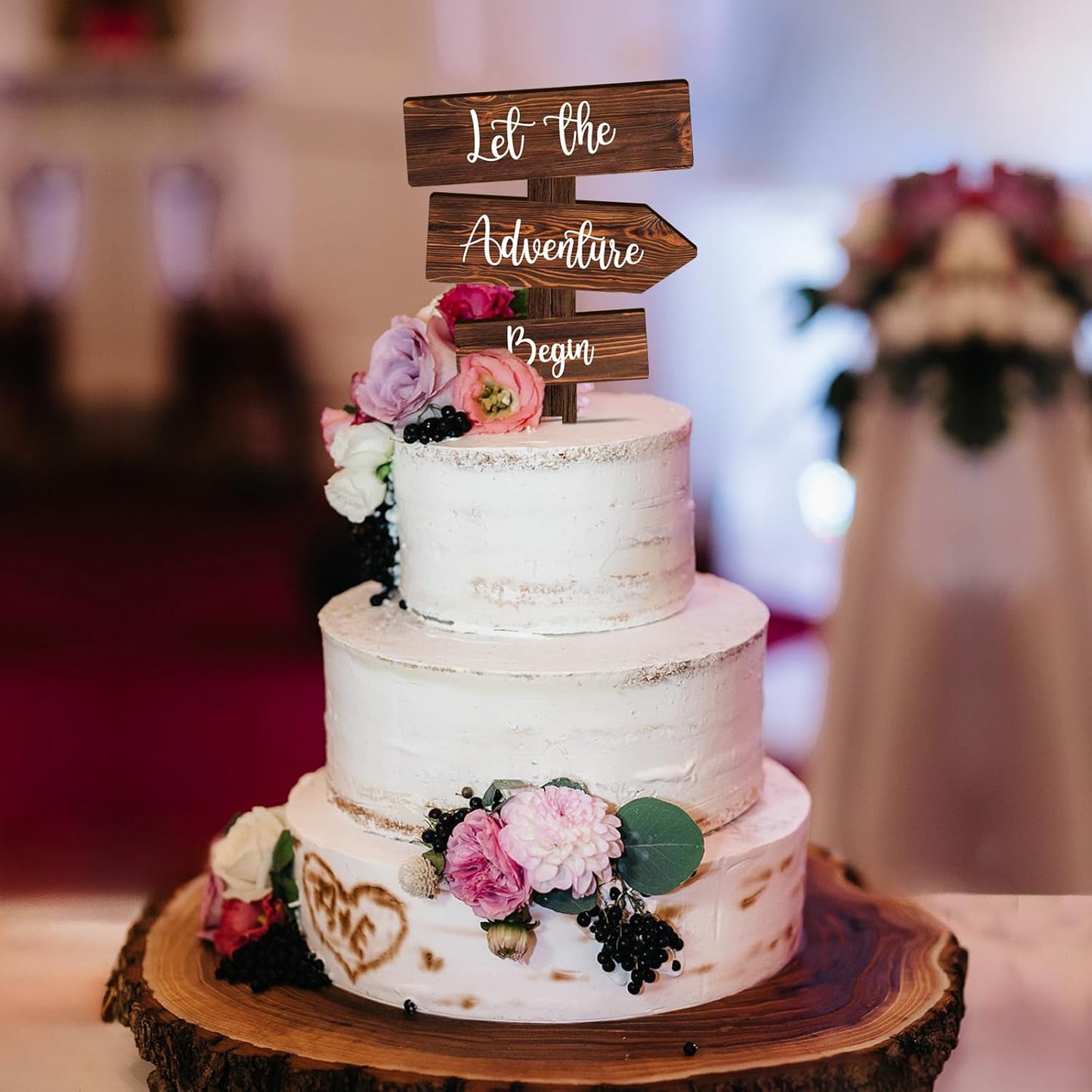 Let the Adventure Begin Cake Topper in Wood Rustic Cake Decoration for Wedding & Baby Shower