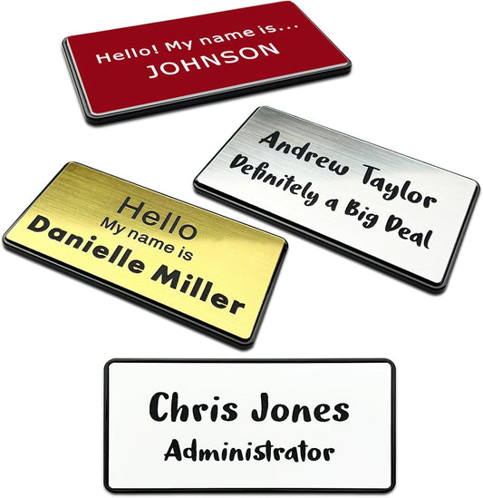 Custom Engraved Name Tag ID Badges Personalized Identification with Pin or Magnetic Clip Adhesive Backing (1.5" x 3")