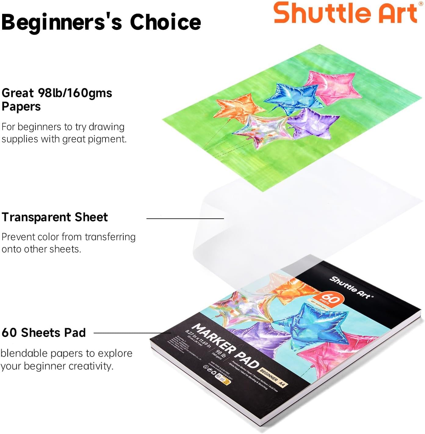 Shuttle Art Marker Pad,11.69”x8.27” Portable A4 Sketchbook, 60 Sheets Drawing Paper, 98LB/160GSM Smooth Surface Bleedproof Art Paper, Glue-Bound, Great for Beginners to Draw, Paint & Sketch
