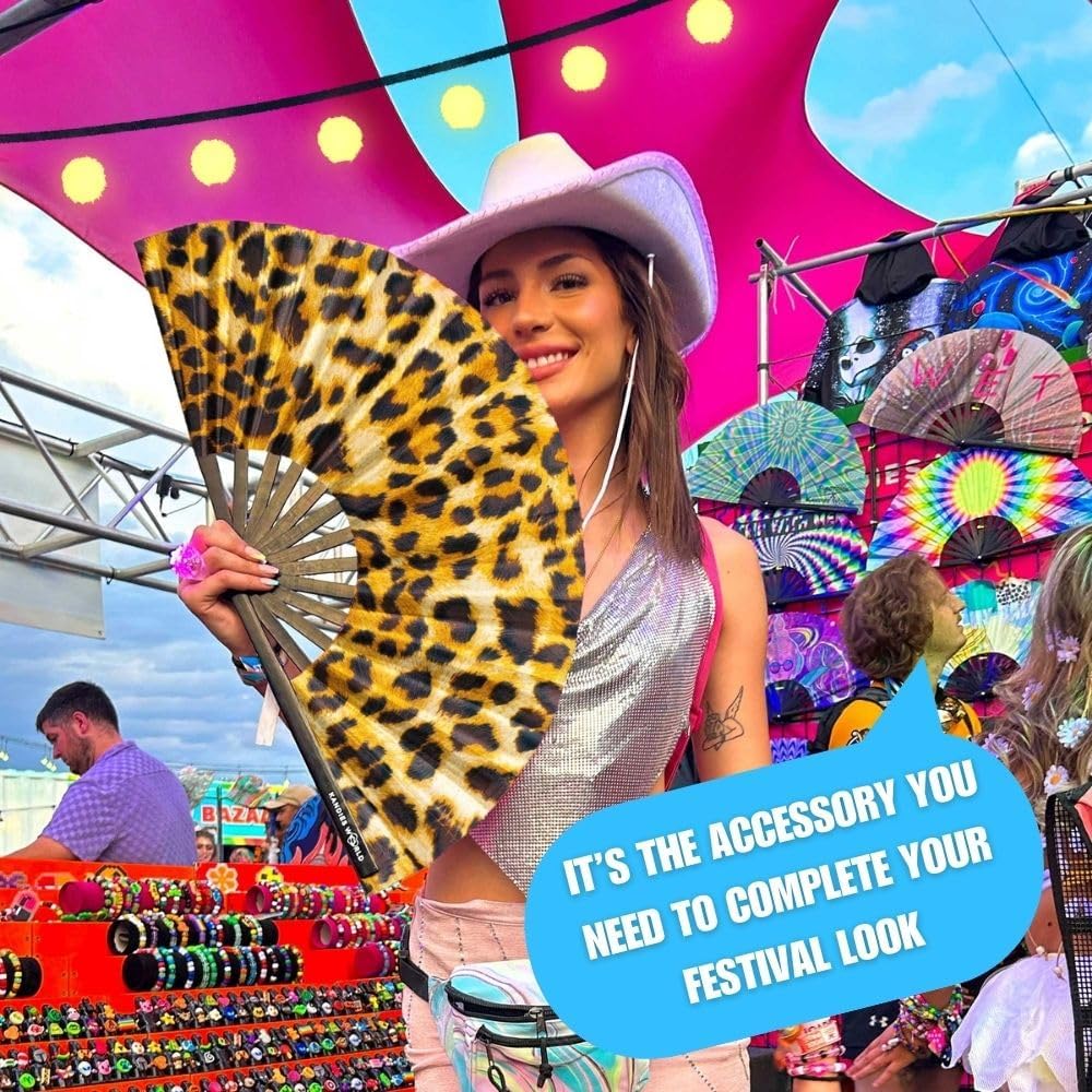 Kandies World UV Reactive Custom Festival Folding Hand Fan - Unique Designs, Made of Bamboo, Clacking Sound, Lightweight - Perfect Rave and Festival Accessory!