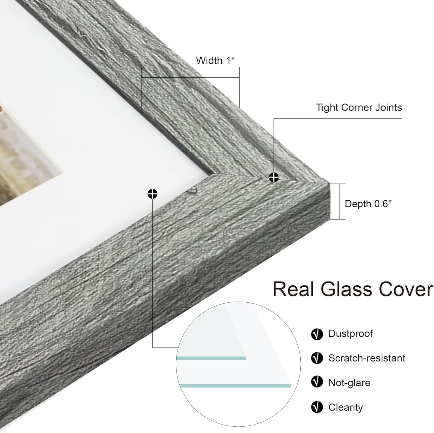 10x10 Picture Frame Set of 2, Real Glass and Grey Collage Frame, Display Pictures Four Opening 4x4 With Mat or 10 x 10 Without Mat for Wall Hanging or Tabletop