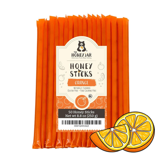 The Honey Jar Orange Flavored Honey Sticks - Pure Honey Straws For Tea, Coffee, or a Healthy Treat - One Teaspoon of Flavored Honey Per Stick - Made In The USA with Real Honey - (50 Count)
