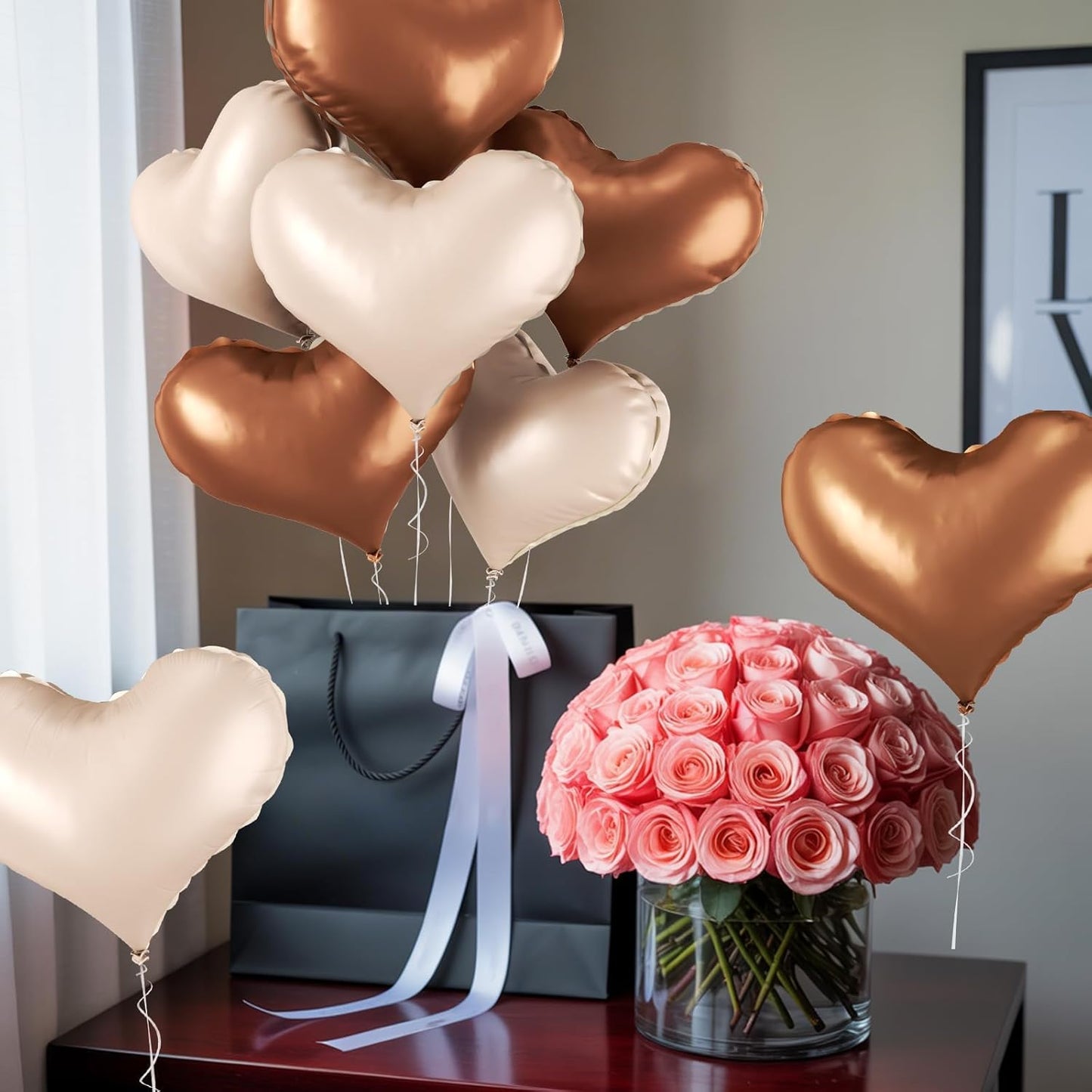 24 Inch Beige Brown Heart Balloons, Coffee Apricot Heart Shaped Foil Balloons, Boho Helium Balloon for Valentines Day Bridal Shower Wedding Nude Neutral Boho Birthday Party Supplies