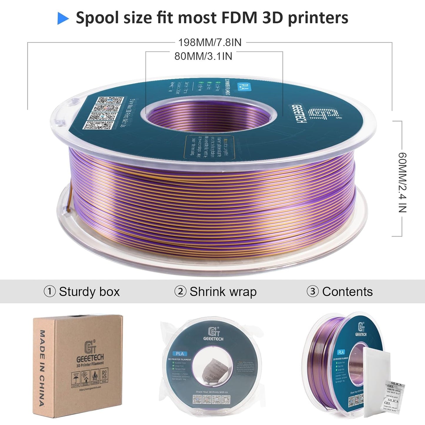 Geeetech Silk PLA Filament 1.75mm Silk Dual Color Filament, Coextrusion Dichromatic Metal-Like Shiny Consumable 1kg (2.2lbs) 1 Spool, Dimensional Accuracy +/- 0.02 mm, Gold Purple