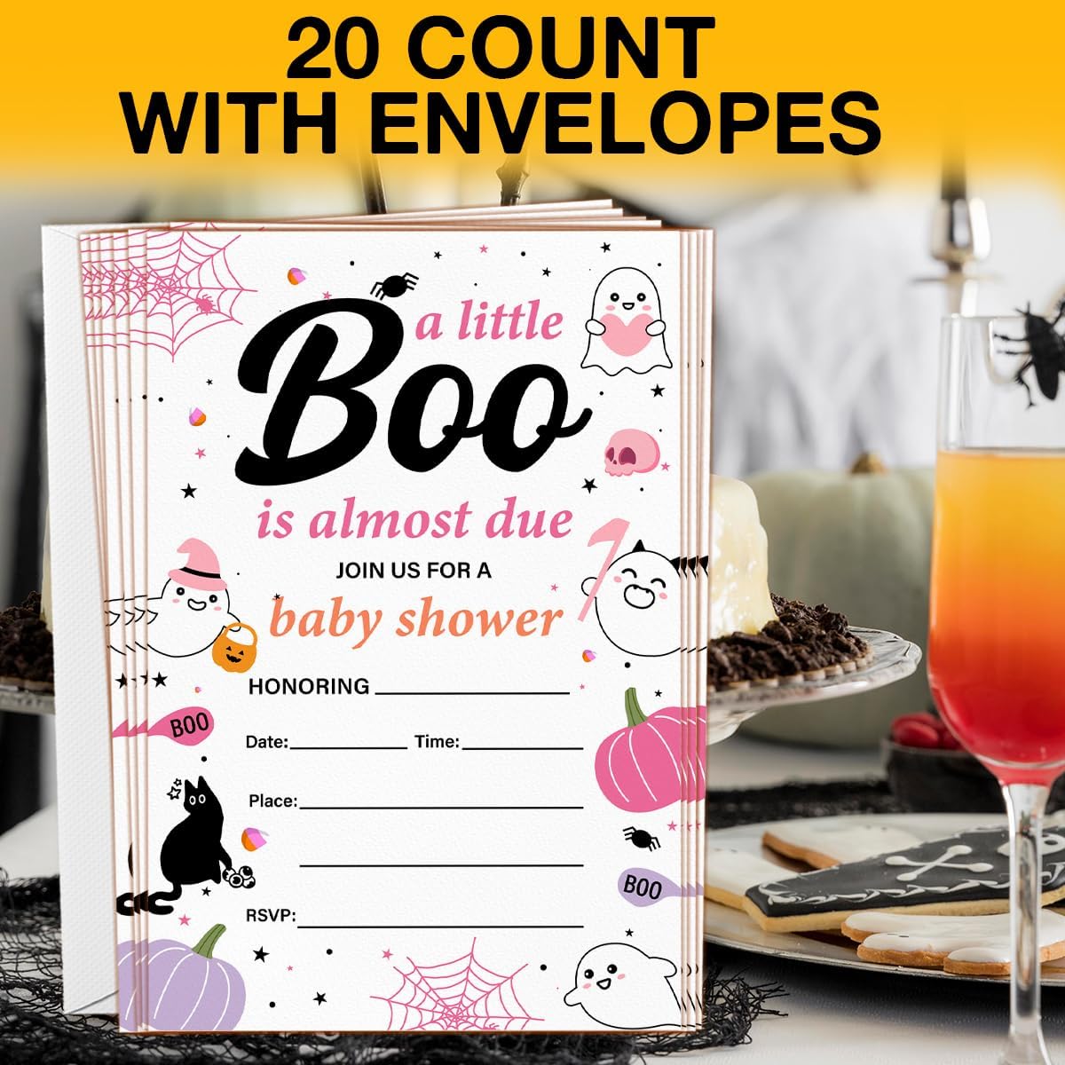 Halloween Baby Shower Party Invitations for Girl Cute Spooky Ghost Boo Baby Shower Party Fill in Invites Cards With Envelopes (20 Count) Double Sided Design, a Little Boo Is Almost Due
