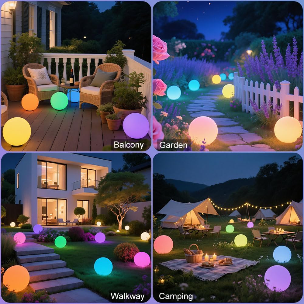 10-in Glowing LED Ball Light, Dimmable 16 RGB Color 4 Mode Glowing Orb Lights w/Remote, Rechargeable Light Up Ball Orb Lamp, Waterproof Outdoor Globe Lights Mood Lamp for Home Garden Party Path Decor