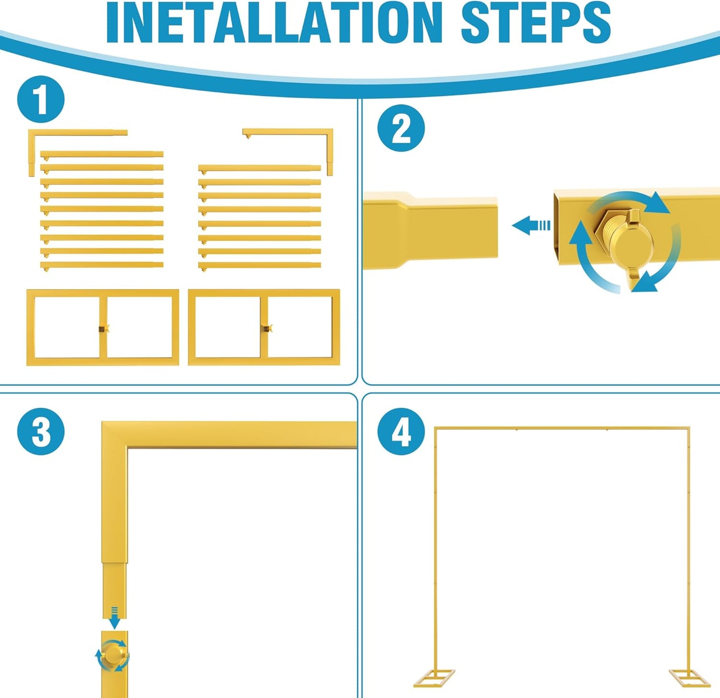 Fomcet 8FT x 8FT Backdrop Stand Heavy Duty with Base, Gold Portable Adjustable Pipe and Drape Backdrop Stand Kit, Square Metal Arch Party Frame for Wedding Birthday Parties Banquet Decorations