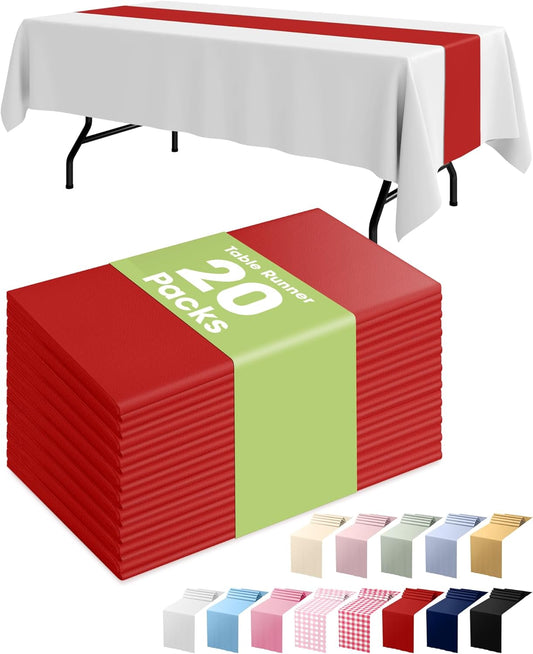 Pureegg Red Plastic Table Runners - 20 Pack, 14'' x 108'', Water Resistant & Disposable Centerpiece Decorations for Table Cloth, Wedding, Birthday, Holiday, Baby Shower, Party, Home Decor