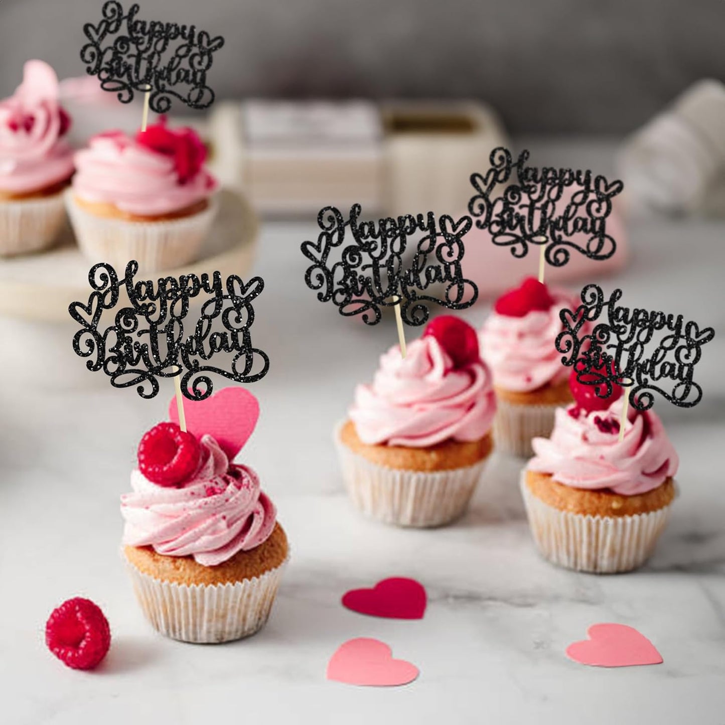 Gyufise 24Pcs Happy Birthday Cupcake Toppers Glitter Happy Birthday Cupcake Picks for Celebrating Happy Birthday Anniversary Theme Party Cake Decorations Supplies Black