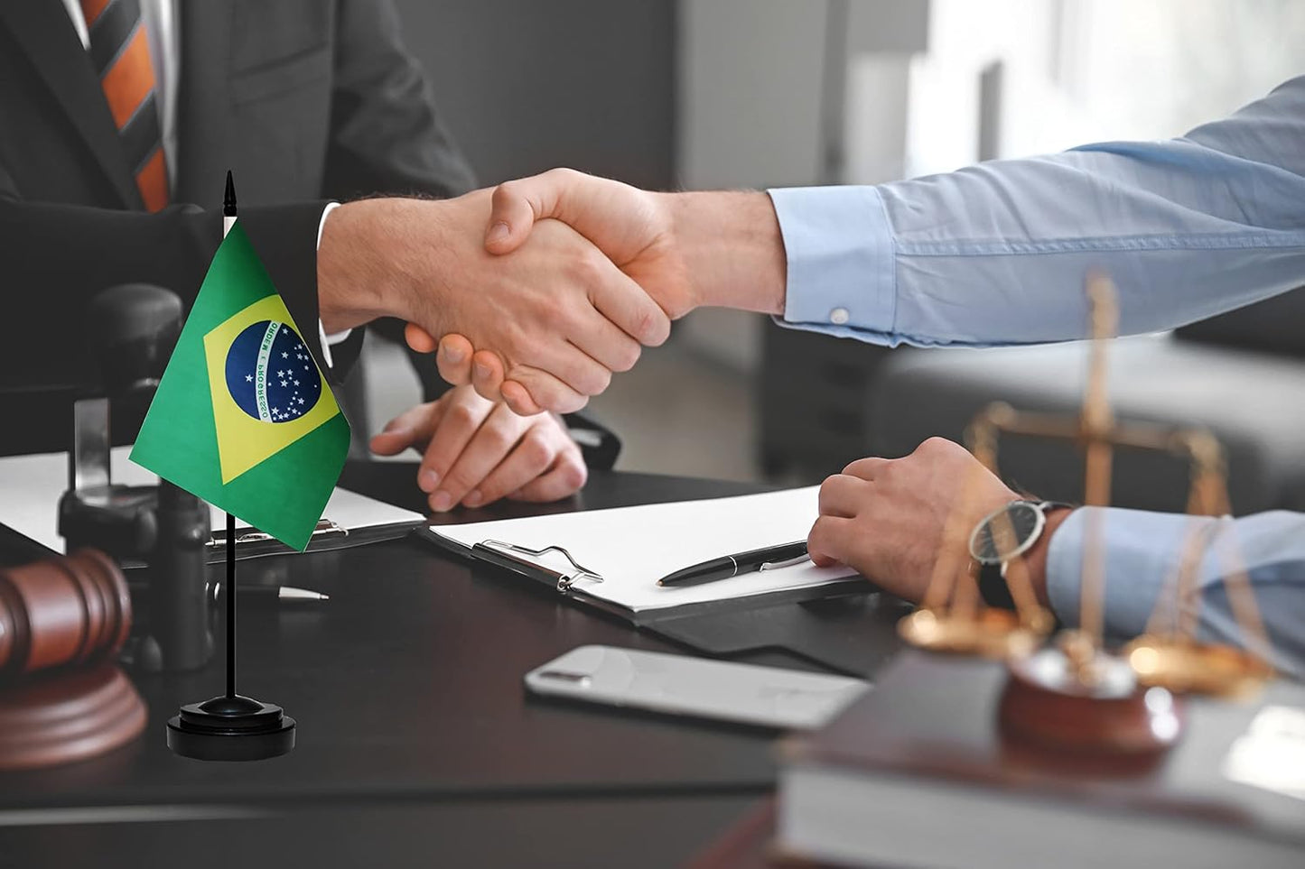 Brazil Brazilian Deluxe Desk Flag Set, Small Mini Miniature Brazil Brazilian Table Desktop Flags With Solid Pole, Black Base and Spear Top(2 Pack)