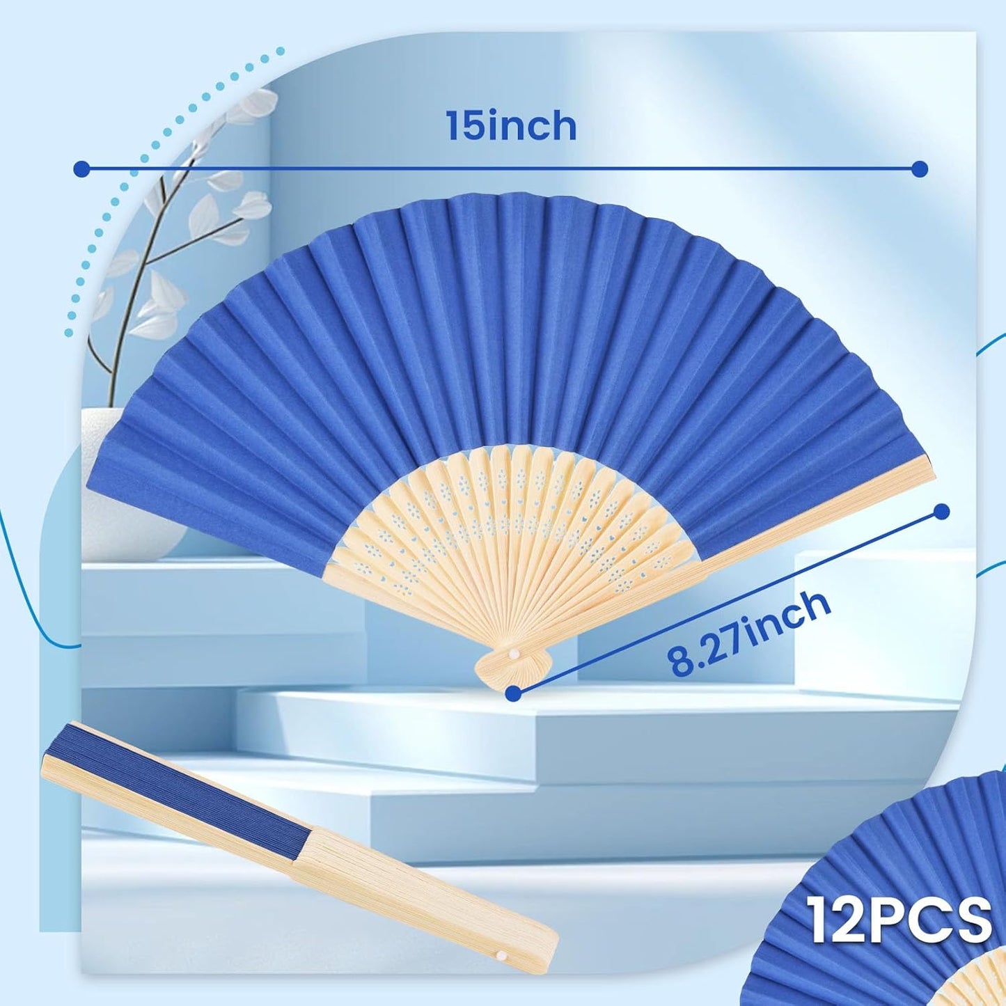 JOHOUSE 12 Pcs Paper Folding Hand Fans, 8.3 Inch Dark Blue Paper Fans Handheld for Wedding, Outdoor Party Favors, Baby Shower Decorations, Photography Prop