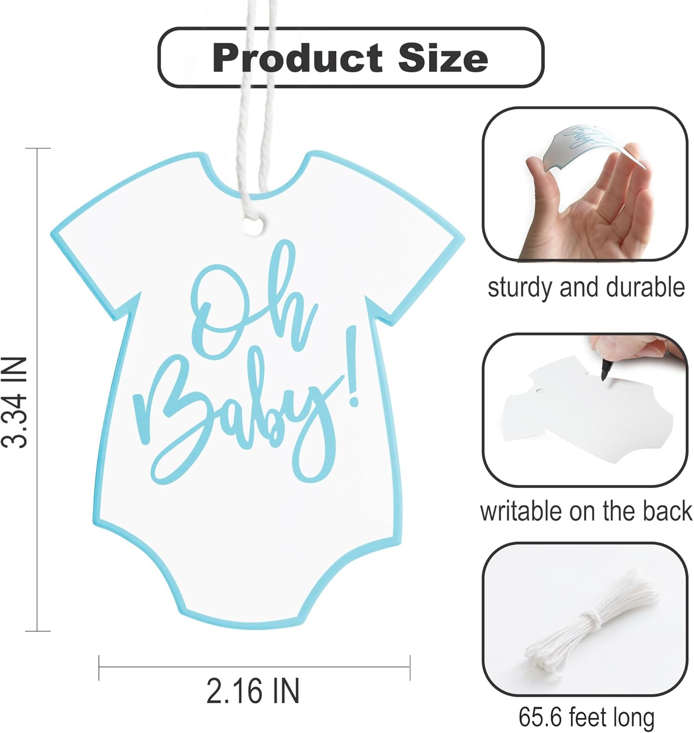 100Pcs Gift Tags with String Oh Baby Sign Blue Baby Clothes Large Gift Tags with 65 Ft Jute Twine Cute Tags White Paper Gift Tag for It's a Boy Gender Reveal Baby Shower Party Gift Wrap Tag