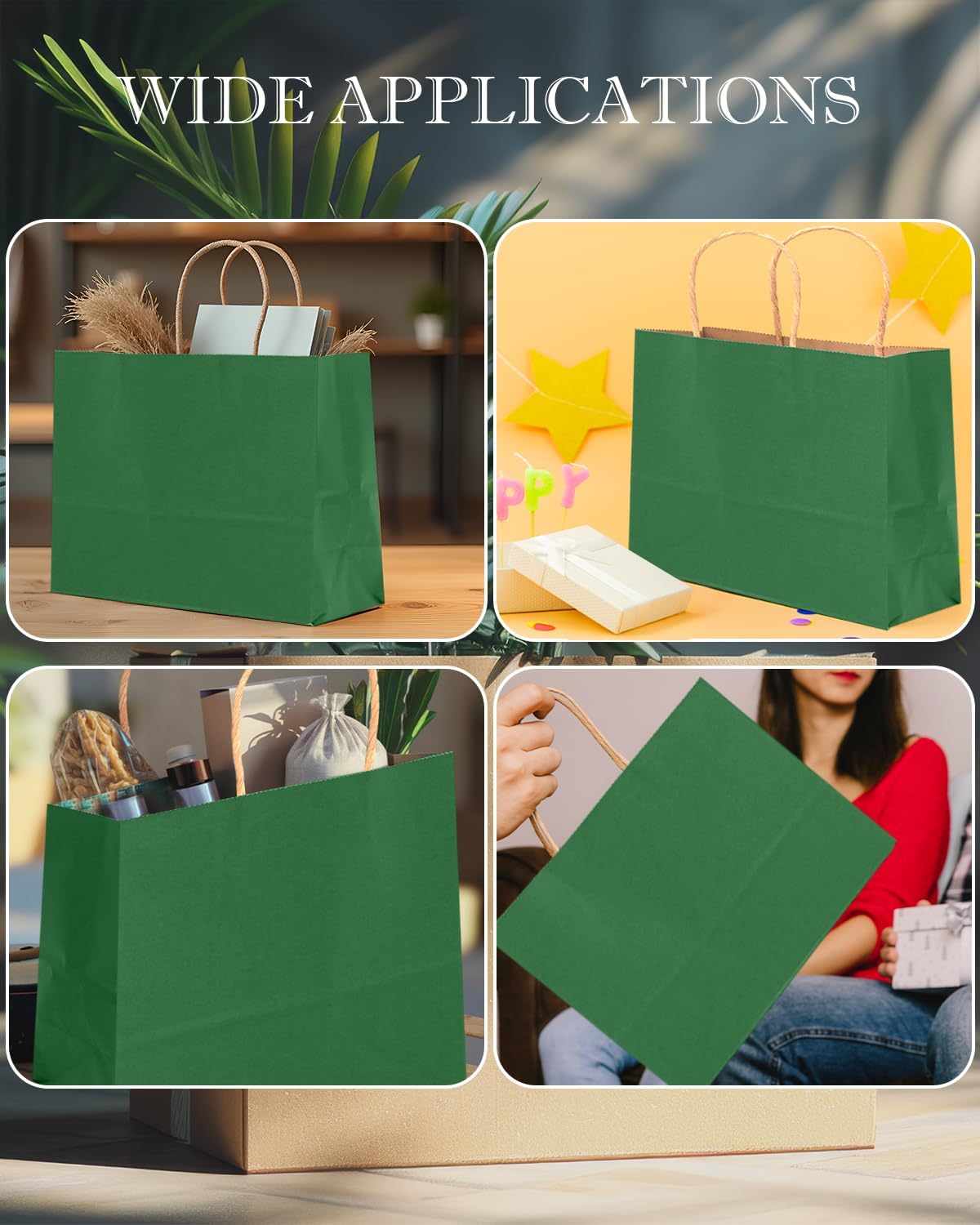 qiqee 50-Packs Kraft Deep Green Paper Gift Bags with Handles Bulk 12.6"x4.3"x10" Wide Large Size Party Favor Bags Multiple Uses