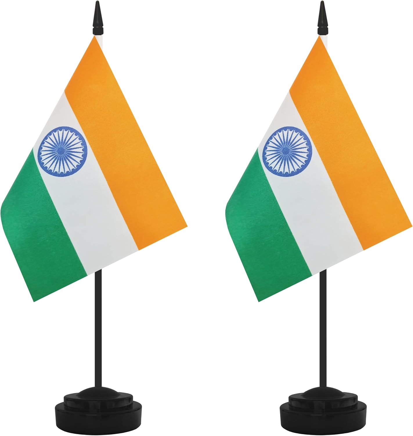 2 Pack India Desk Flag Set, Indian Desktop Small Miniature Table Office Flag with 12" Black Pole and Black Base, Offices, Classroom, Home, Festival Decoration (India)