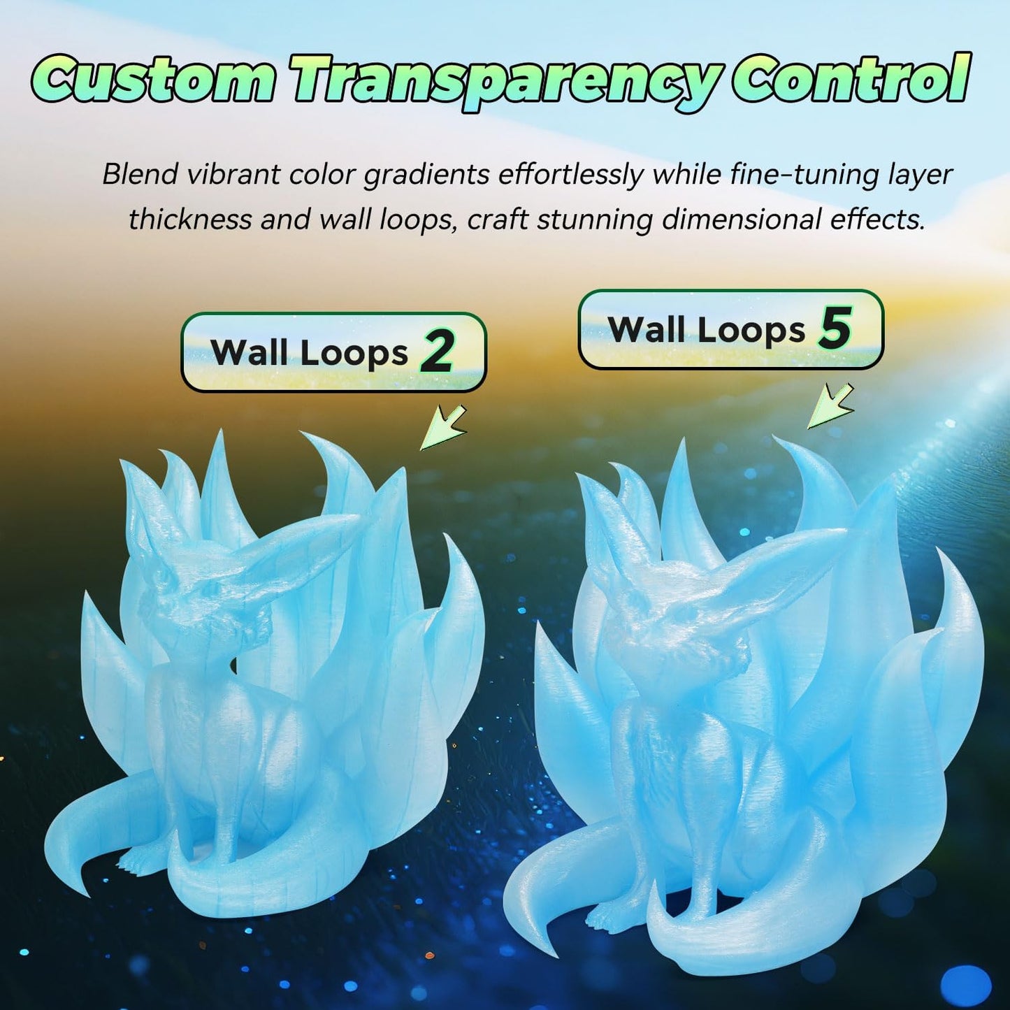 FLASHFORGE Translucent Glitter PLA Mermaid Tears Filament, Shiny Sparkling Gradient 3D Printer Filament, Fast Color Change Between Pale Blue and Light Blue, Adjustable Transparency