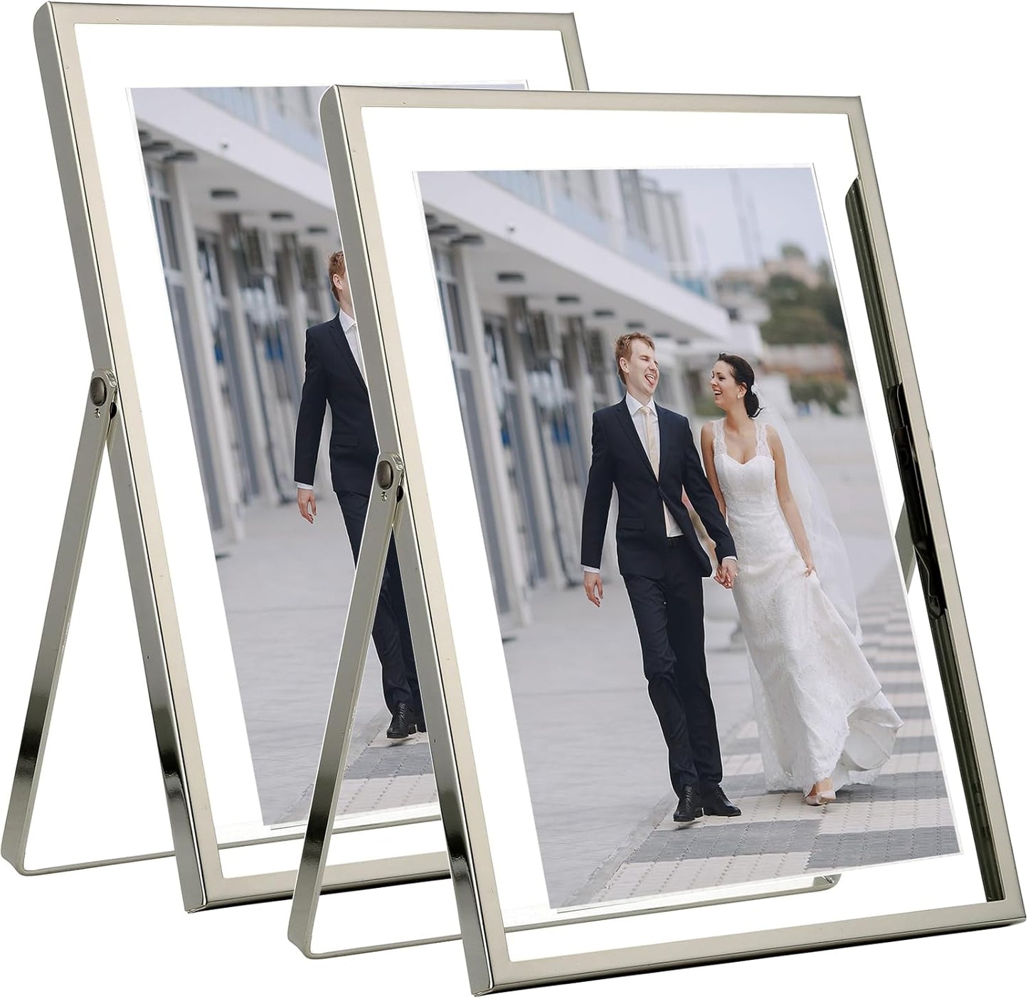 Silver 5x7'' Floating Frame Set of 2, For Photo Sizes ( 3.5x5'', 4x 6''), Silver Plated Metal Frames 5x7'' for Tabletop/Shelf Display, Classy Gift Choice for Wedding, Thanksgiving, Christmas,Birthady.