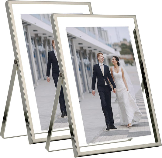 Silver 5x7'' Floating Frame Set of 2, For Photo Sizes ( 3.5x5'', 4x 6''), Silver Plated Metal Frames 5x7'' for Tabletop/Shelf Display, Classy Gift Choice for Wedding, Thanksgiving, Christmas,Birthady.