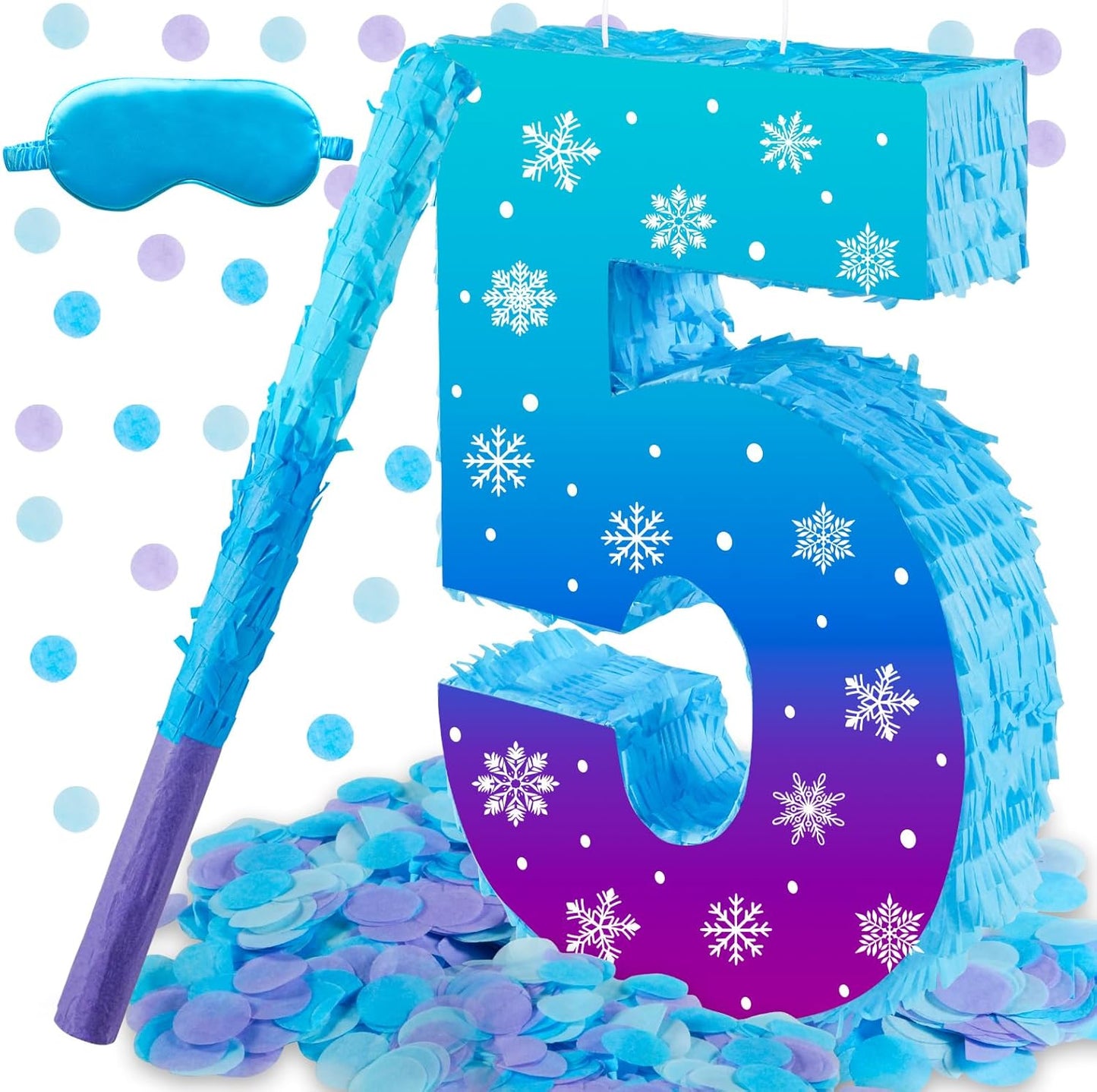 Snowflake Birthday Decorations, Winter Ice Snowflake Number 5 Pinata with Stick Blindfold and Confetti Snowflake Piñata 5th Birthday Party Decoration & Supplies (Snowflake 5)