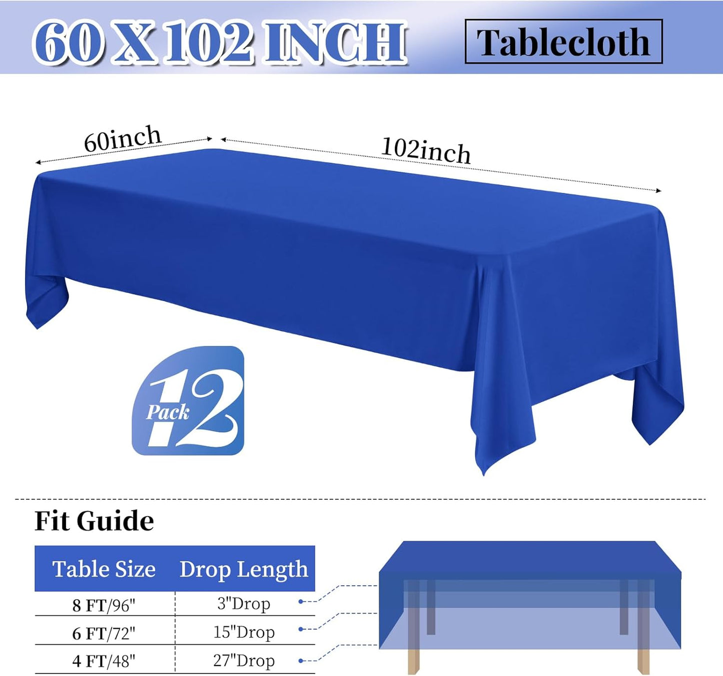 12 Pack Polyester Tablecloth 60 x 102 Inch Royal Blue Tablecloth for 6 Ft Rectangle Tables,Washable Fabric Table Covers Polyester Table Clothes for Wedding Parties Banque