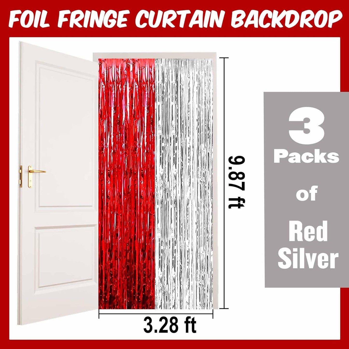 3 Pack Red Silver Foil Fringe Curtains Backdrop, 3.28 x 9.8 Ft Metallic Streamers Tinsel Curtains Background for Photo Booth, Carnivals, Birthdays, Weddings, New Year Party Decorations
