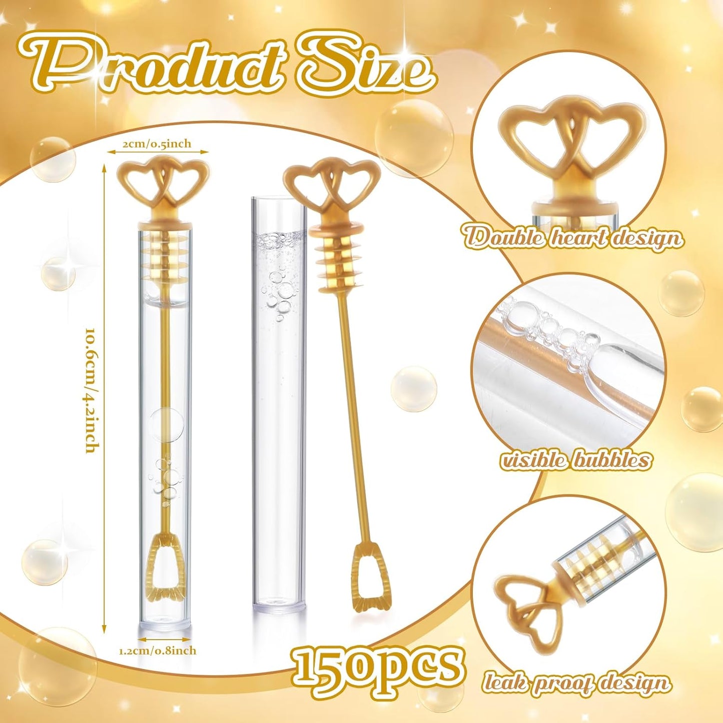 150 Pcs Bubble Wands Bulk for Wedding Party Mini Heart Wand with Bubble Solution for Wedding Bridal Showers Valentine Anniversary Graduation Birthday Supplies(Gold,Double Heart)