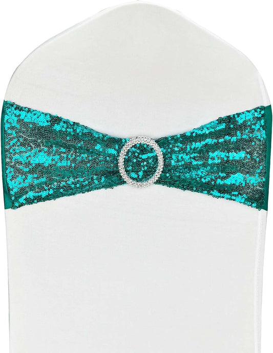 25 Pcs Chair Sashes Sequin Stretch Chair Bands Spandex Polyester Bows for Party Hotel Wedding Banquets Decoration - Teal