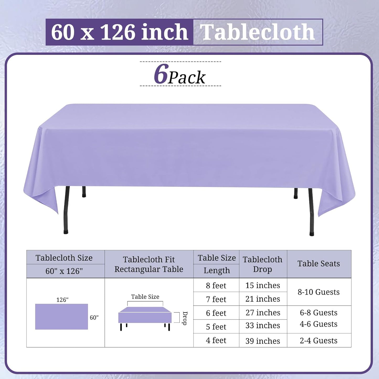 6 Pack Lavender Tablecloths for 8ft Rectangle Tables 60 x 126 Inch - Polyester Table Cover Stain and Wrinkle Resistant Washable Fabric Table Clothes for Wedding Party Banquet Reception Restaurant