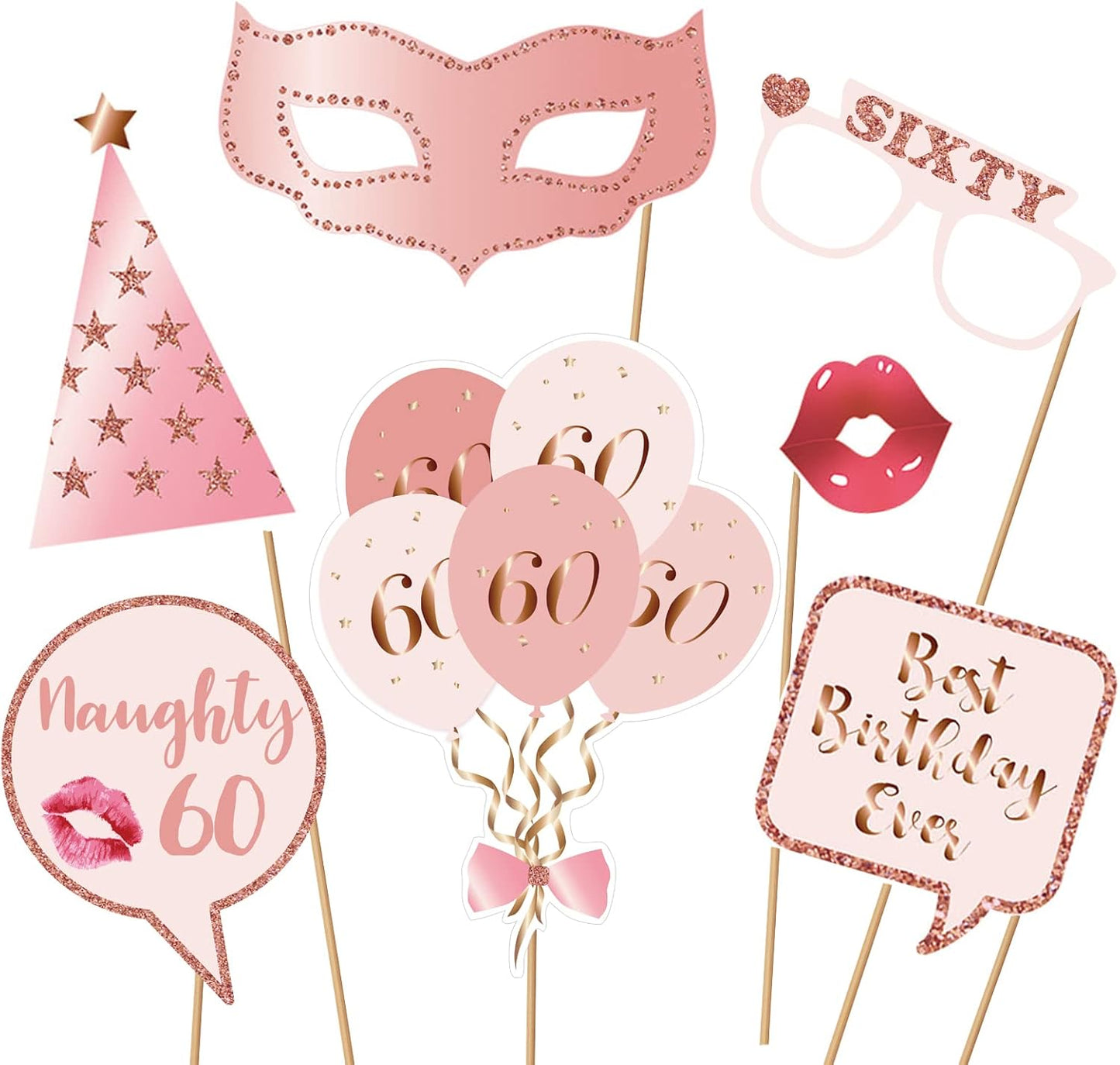 60th Birthday Party Photo Booth Props and Signs, Rose Gold 60 Birthday Party Selfie Props Kit with Sticks for Girls Women, Sixty 60th Happy Birthday Party Decorations Supplies Favors