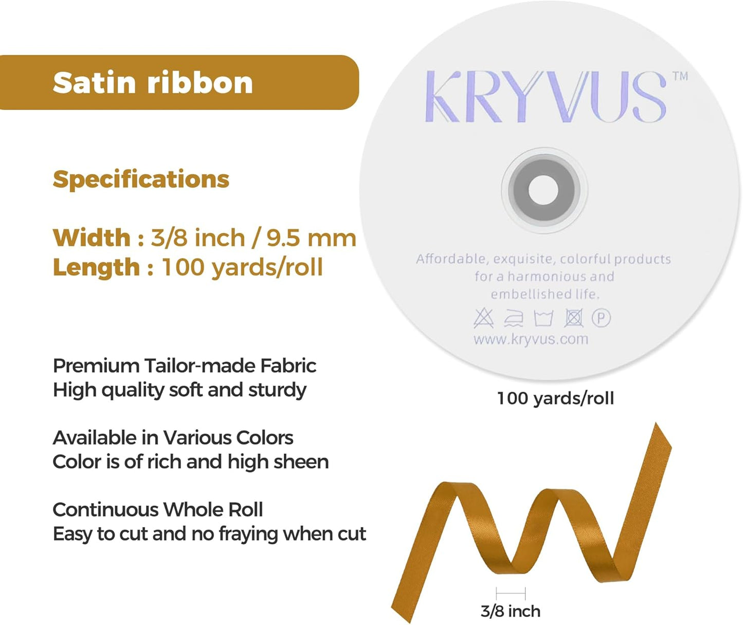 Gold Satin Ribbon 3/8 inch X Continuous 100 Yards, Single Face Polyester Ribbon Perfect for Gift Wrapping, Flower Bouquet, Wedding Decor, Crafts, Bow Making, Sewing and More