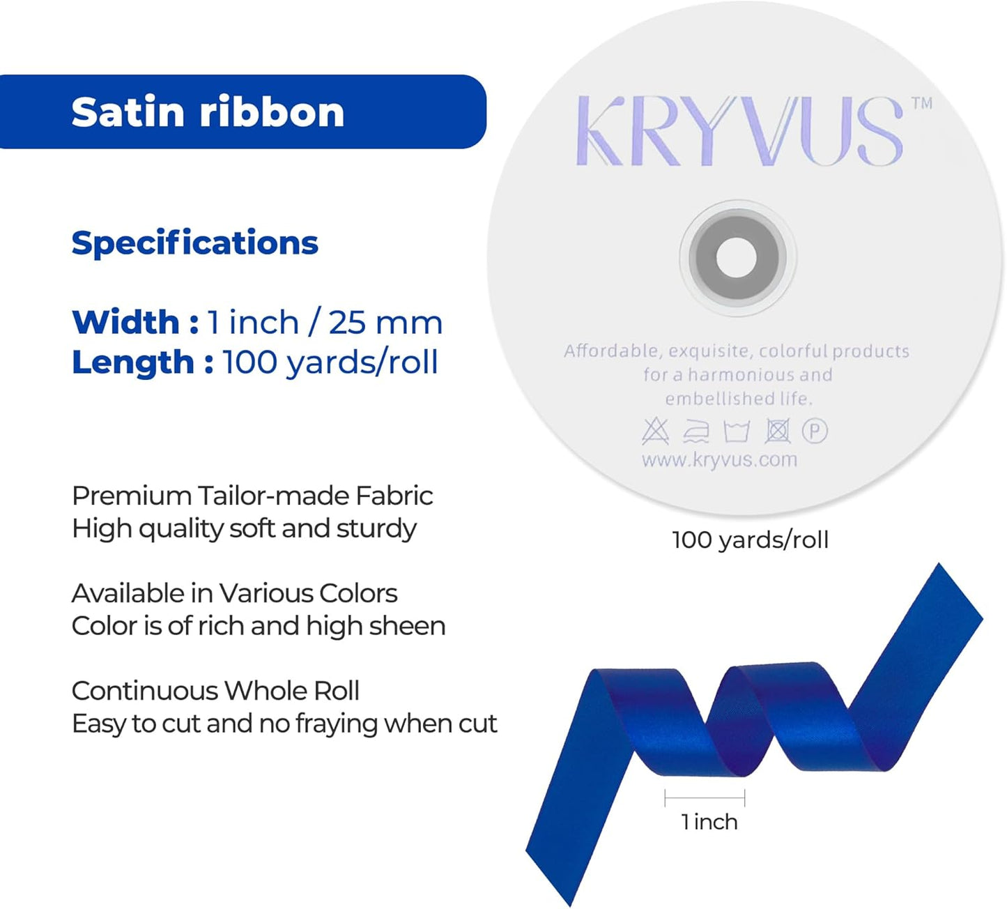 Dark Royal Blue Satin Ribbon 1 inch X Continuous 100 Yards, Single Face Polyester Ribbon Perfect for Gift Wrapping, Flower Bouquet, Wedding Decor, Crafts, Bow Making, Sewing and More