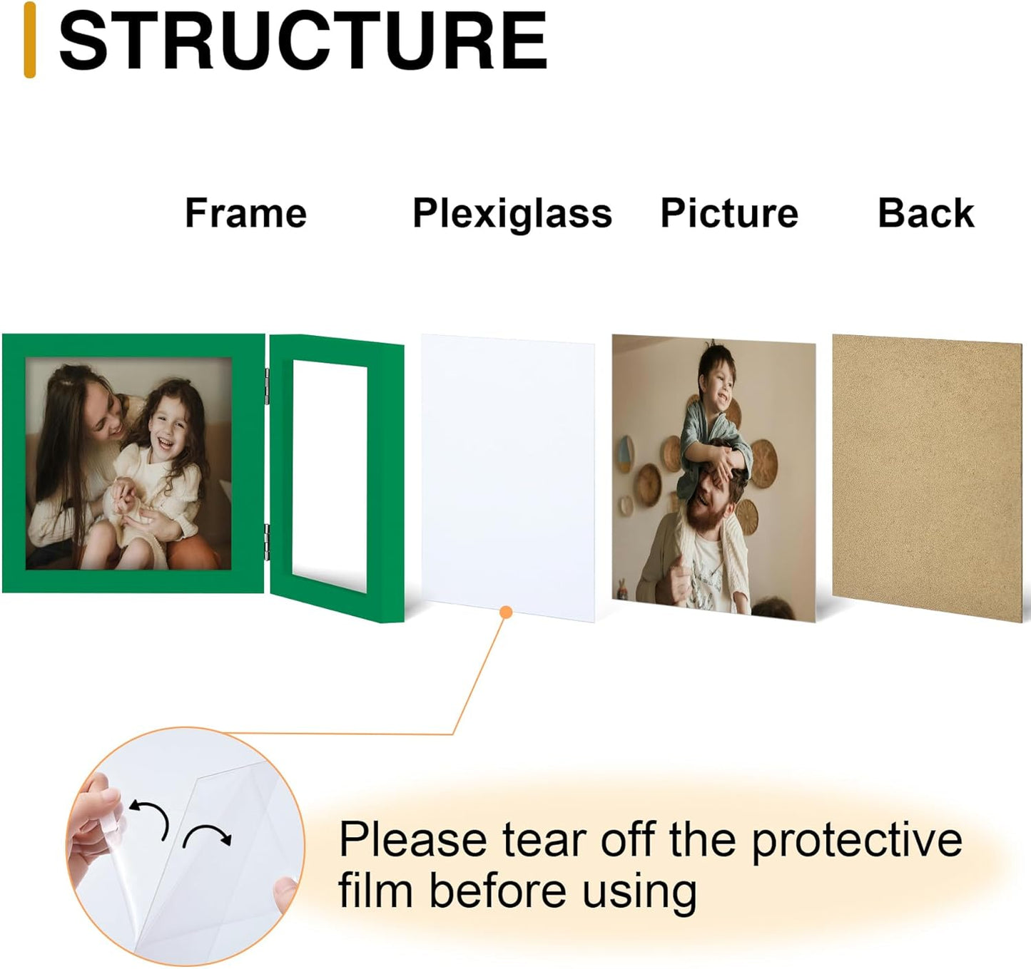 decorUhome Double 6x4 Picture Frame Horizontal, Engineered Wood Bifold Photo Frame with Plexiglass for Tabletop Display, 6x4, Green