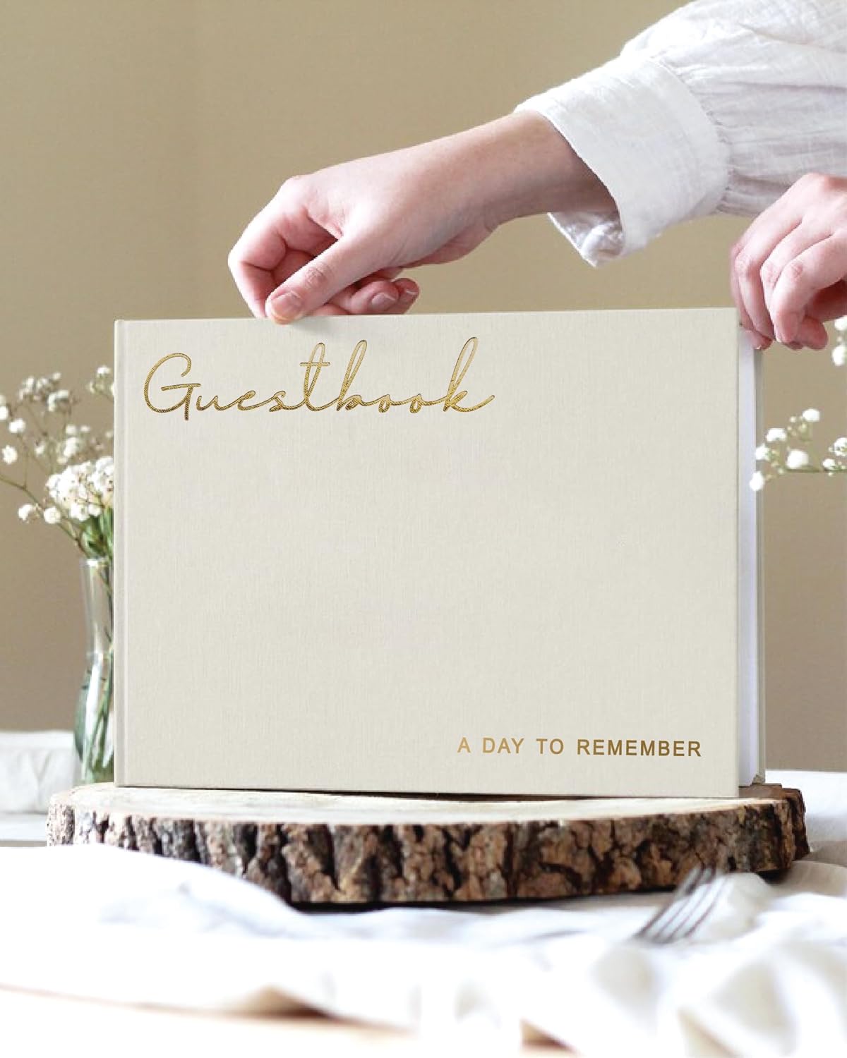 Elegant Linen Wedding Guset Book - Polaroid Guest Book for Wedding Reception,Baby Shower,Bridal Shower and Special Events - 100 Blank Pages for Sign in and Photos (B-Cream)