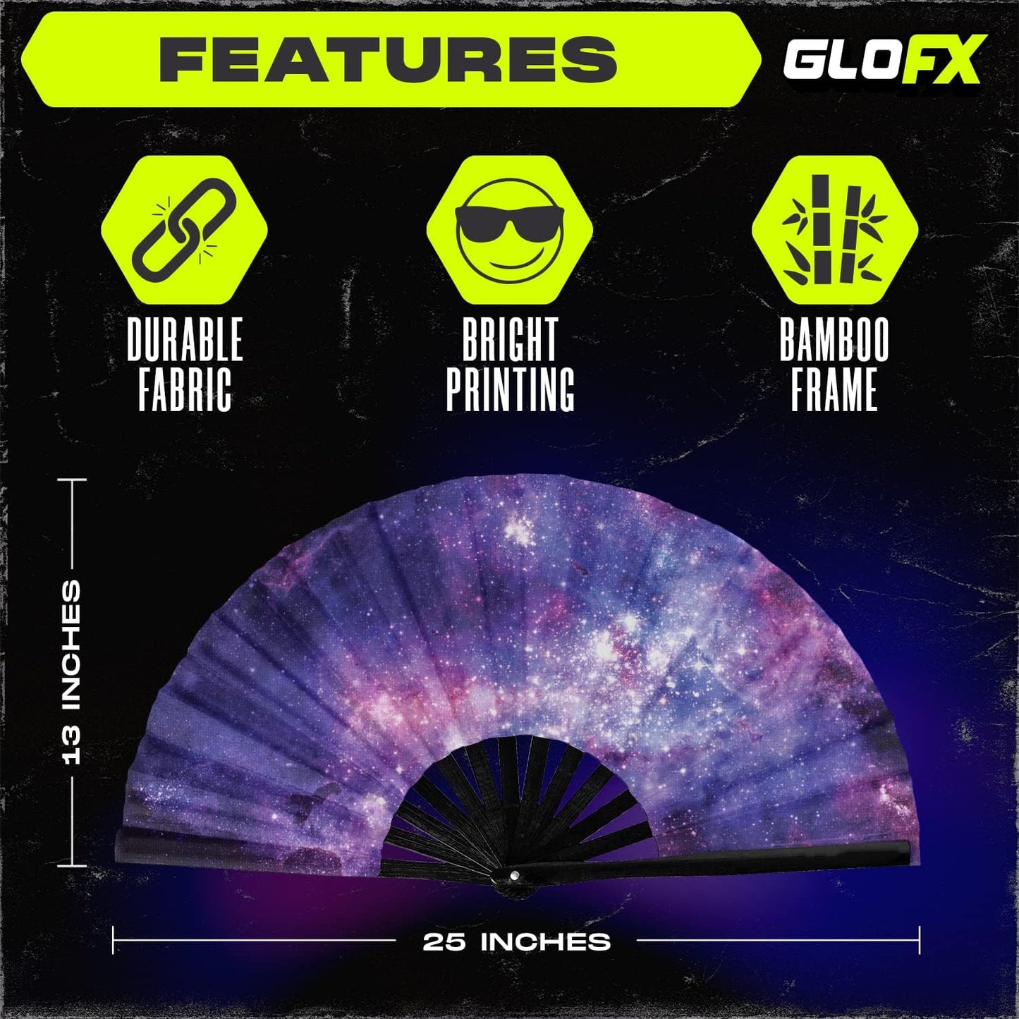 GloFX Folding Fan - Galaxy - Large Rave Clack Folding Hand Fan for Men/Women - for EDM, Music Festival, Club, Event, Party, Dance, Performance, Decoration, Gift