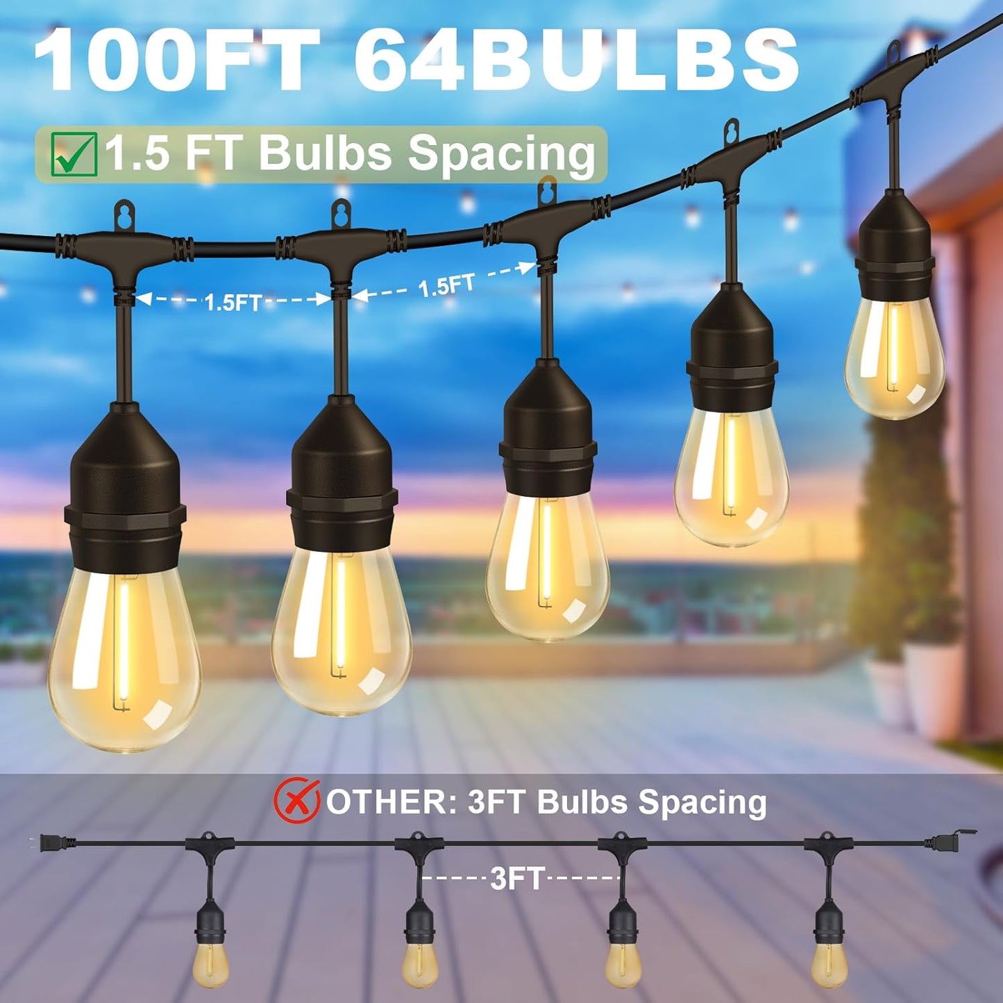 100FT Outdoor String Lights with 64+4 Bulbs (1.5FT Bulbs Spacing), Remote & Dimmer, Commercial Patio String Lights with 3 Mode Light & Timing, IP65 Waterproof, 100PC Mounting Ties for Outside