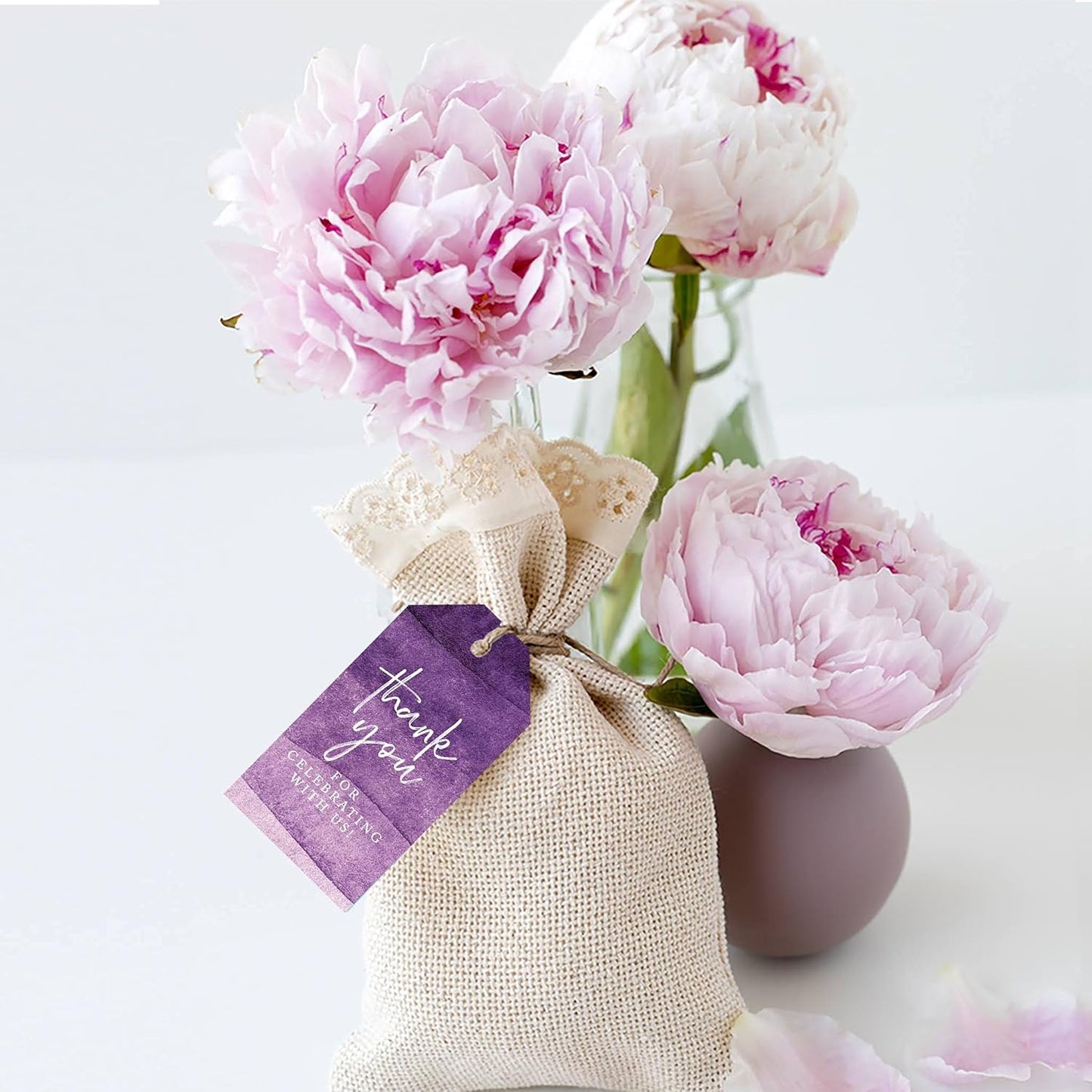 Andaz Press 100-Pack Thank You for Celebrating with Us Favor Tags Purple Watercolor Cardstock Gift Tags with Bakers Twine for Wedding Baby Shower Bridal Shower Birthday Party Favors 2 x 3.75-Inches