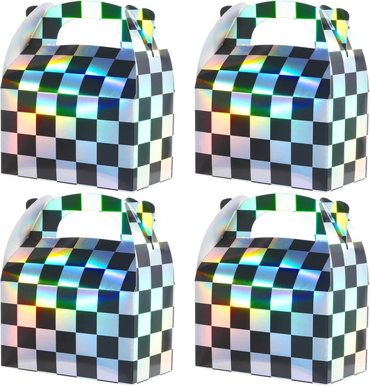 24 Pcs Iridescent Checkered Race Car Party Favor Gable Boxes, Paper Black and Iridescent Car Goodie Treat Boxes, Racecar Laser Plaid Gift Box for Kids Fast Race Cars Birthday Party Decorations