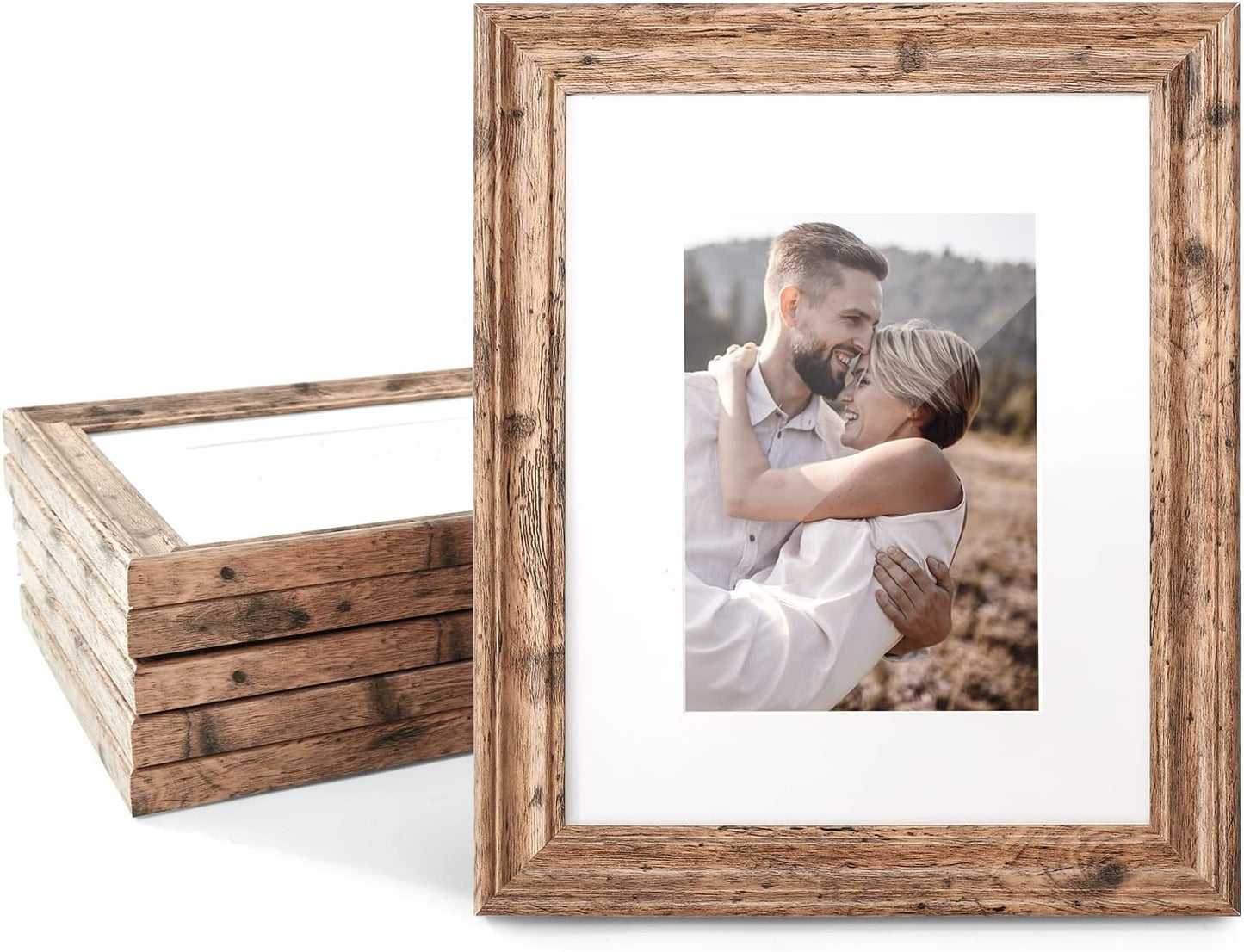 TWING 8x10 Picture Frame Set of 6, Vintage Walnut Photo Frames Display Pictures 5x7 with Mat or 8X10 Without Mat, Tabletop Display and Wall Mounting Home Decorative Photo Frames Pre-Installed, Walnut