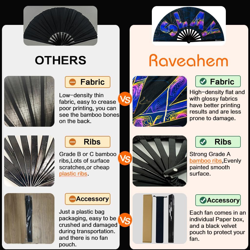 UV Glow Rave Fan, Bamboo Folding Clack Hand Fans Foldable for Men Women, Boots on the Ground Poping Fan for EDM Festival Line Dance Decoration, (Slay, Large 13")