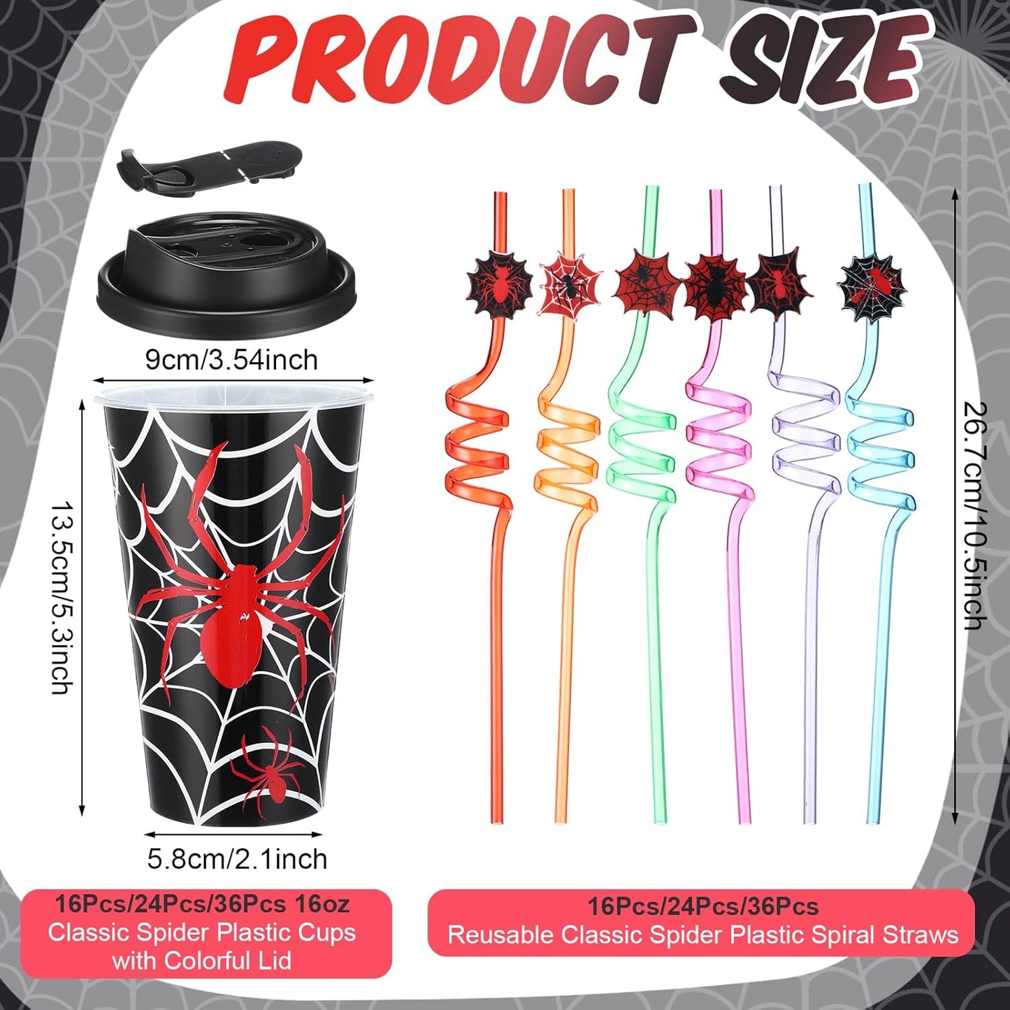 Yungyan 24 Sets Spider Party Favors Goodie Cups with Lids and Straws for Halloween Party Decorations Reusable 16oz Plastic Candy Cups Plastic Straws for Birthday Gift (Spider)