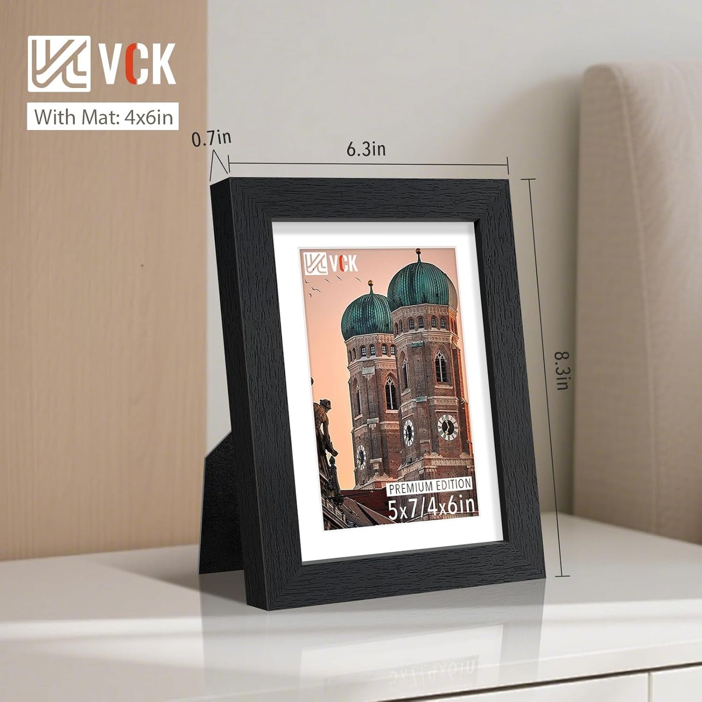 VCK 5x7 Picture Frame Black Set of 5, Textured Exclusive Wooden Photo Frames with HD Glass | Matted to 4x6 or 5x7 without Mat