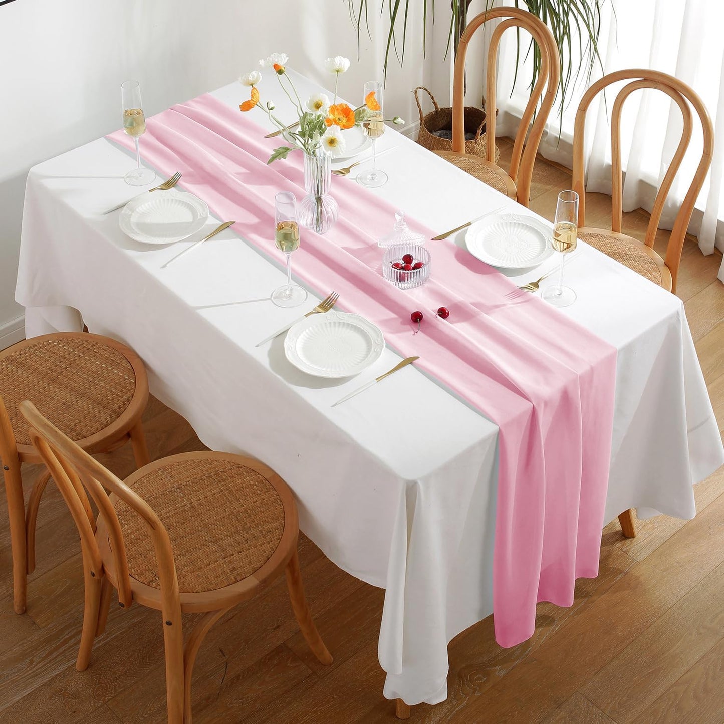 6 Pack 10 Ft Chiffon Table Runner Light Pink Gauze Long Table Runners 27x120 Inches Sheer Tulle Table Runner for Rustic Wedding Reception Bridal Shower Decorations Birthday Party