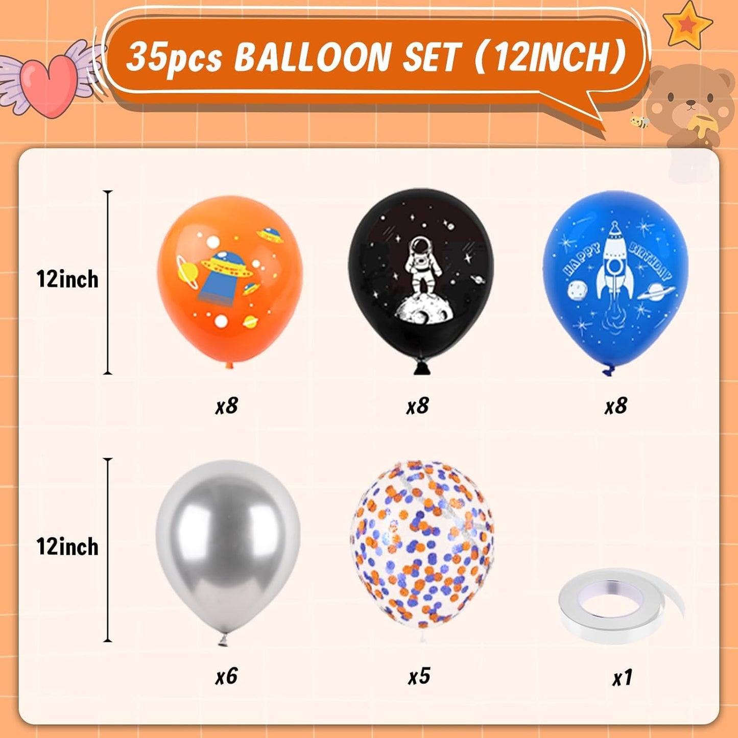 Space Balloons, 12 Inch Blue Black Orange Metallic Silver Confetti Balloons for Boy Space Themed Birthday UFO Party Decorations Baby Shower Graduation Supplies