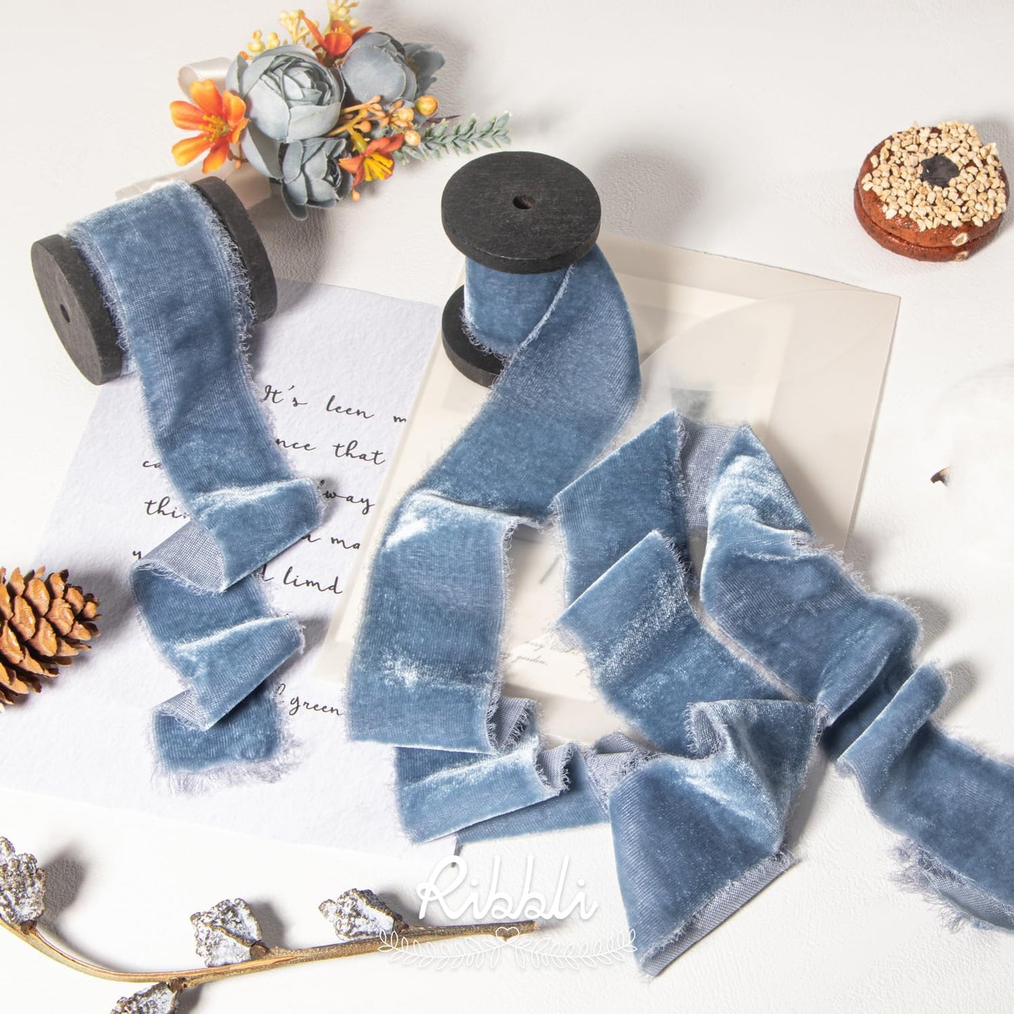 Ribbli Dusty Blue Velvet Ribbon 1.5 Inch Handmade Frayed Vintage Christmas Ribbon for Gift Wrapping Christmas Tree Ornament Wreath Craft Home Decor -Total 3 Yards with Wooden Spool