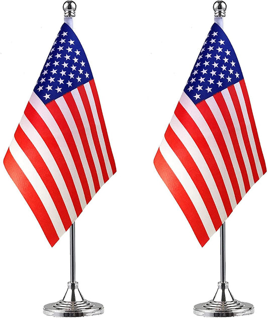 ZXvZYT 2 Pack US flag USA Table Flag Small Mini United States Desk Flag With Stand Base,for 4th of July Party Veteran's Day Decorations,Home office Decorations