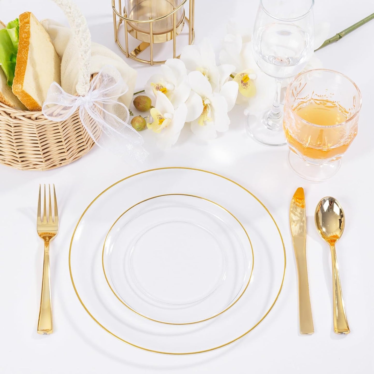 bUCLA 100PCS Clear and Gold Plastic Plates - Clear Disposable With Gold Rim Include 50 Each (10 inch Dinner & 7 inch Dessert) Plates, Ideal for Party & Thanksgiving